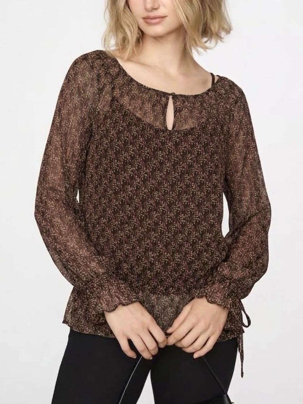 Ann Taylor Sheer Crinkled Floral Chiffon Blouse Womens Size 8 Long Sleeve Fairy